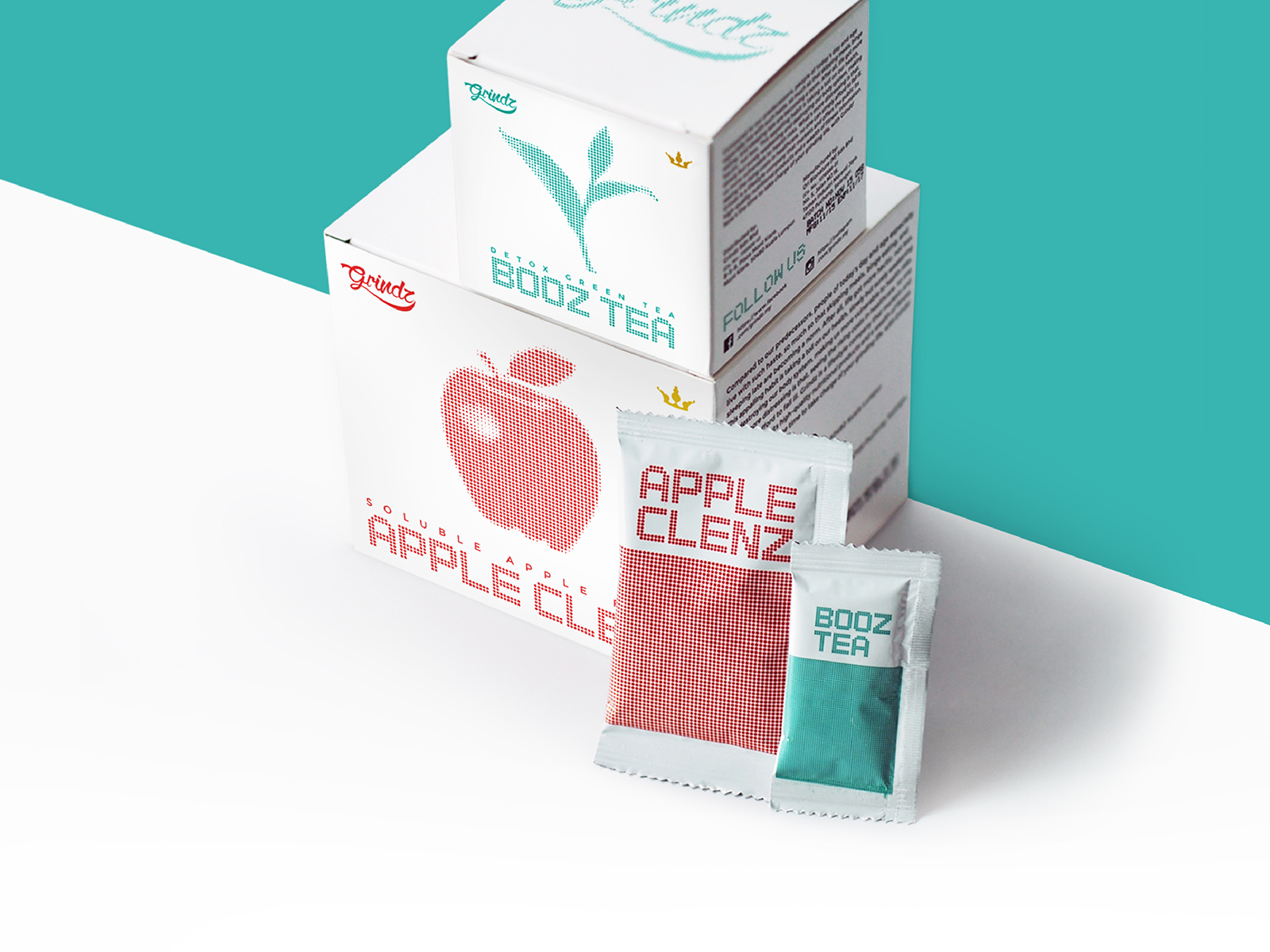 Grindz supplement brand collaterals design of product packaging for Apple Clenz and Booz Tea ninety degree top view with sachet displayed on the side